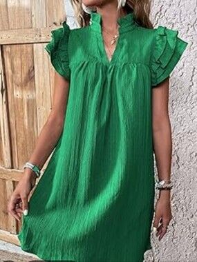 Green Ruffle Sleeve V-Neck Dress
